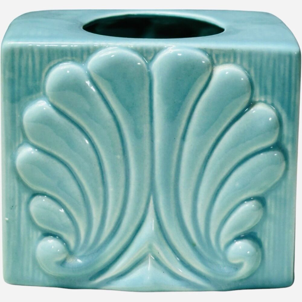 Turquoise Ceramic Mid-century Raised Shell Tissue Box Cover Retro 4.5 X 5 in